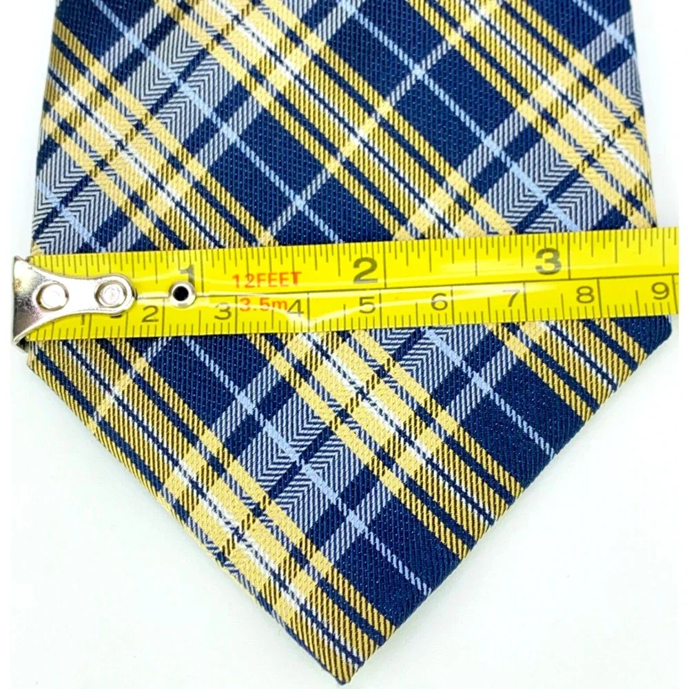 CHAPS Tie Navy & Light Blue Yellow Plaid Striped 100% Silk Hand Made Necktie 58